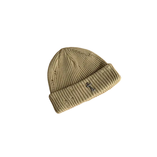 Couple-Style Distressed Knit Beanie with Metal Cross Emblem - HatLine