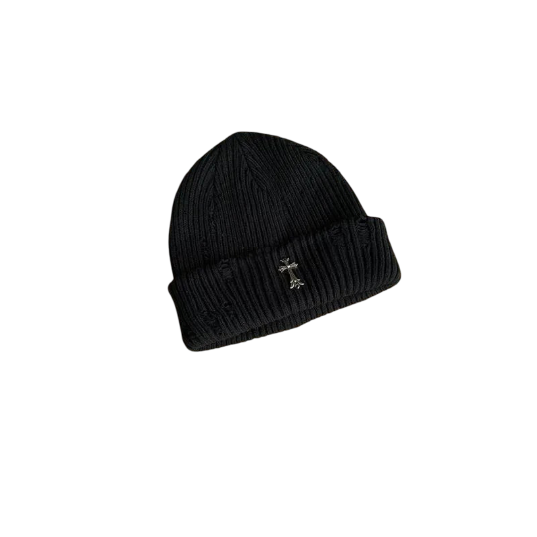 Couple-Style Distressed Knit Beanie with Metal Cross Emblem - HatLine