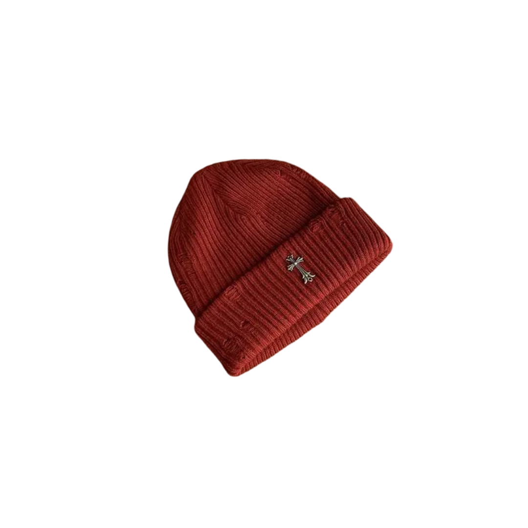 Couple-Style Distressed Knit Beanie with Metal Cross Emblem - HatLine