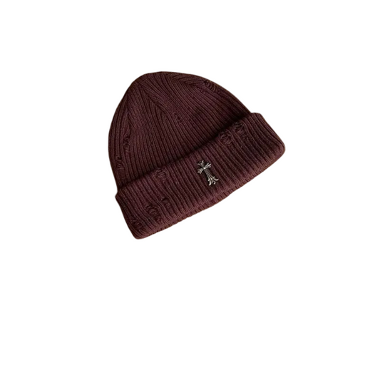 Couple-Style Distressed Knit Beanie with Metal Cross Emblem - HatLine
