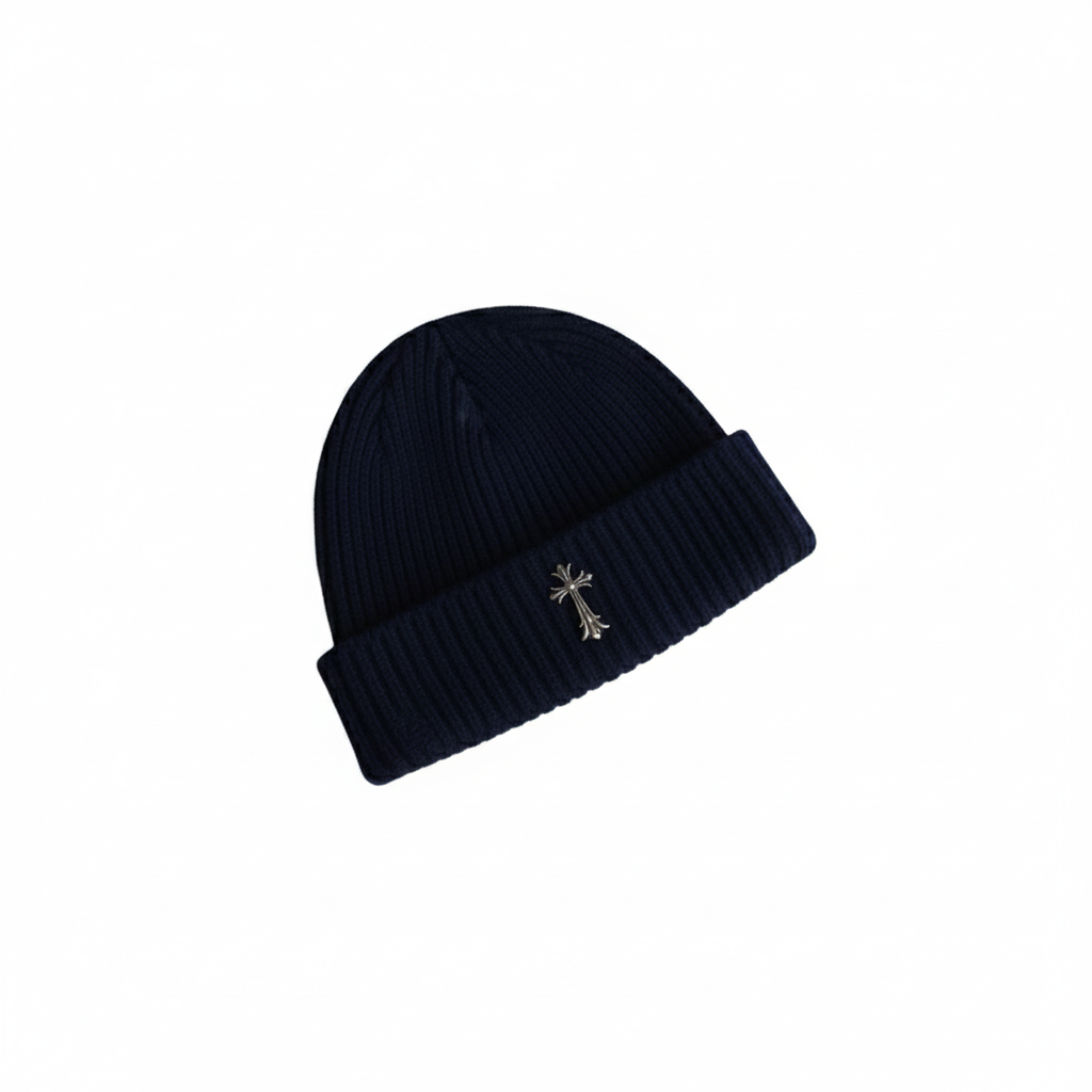 Couple-Style Distressed Knit Beanie with Metal Cross Emblem - HatLine