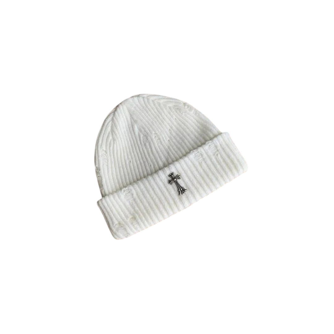 Couple-Style Distressed Knit Beanie with Metal Cross Emblem - HatLine